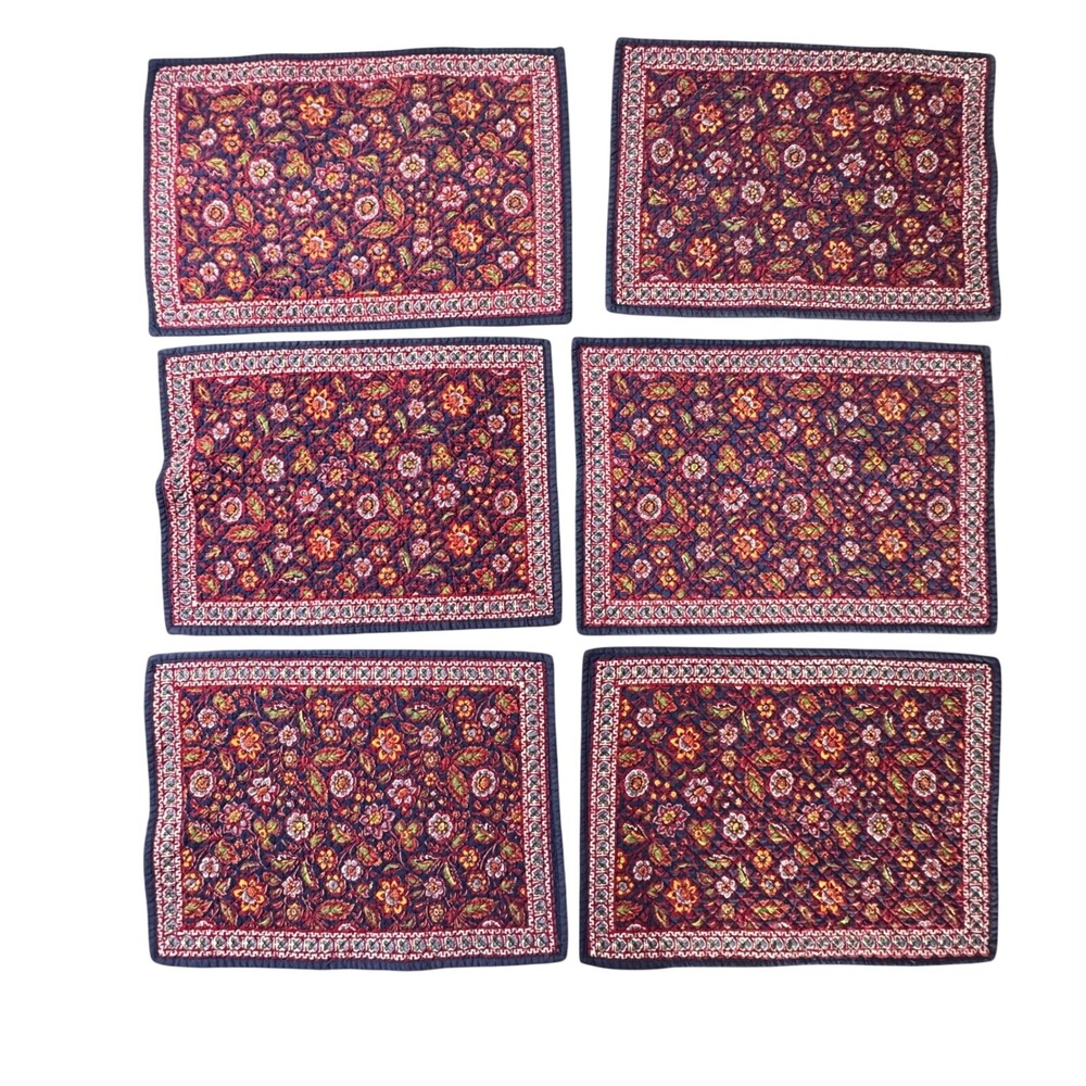 Vintage Quilted Floral Placemats Set of 6 Navy Red French Country Cottagecore